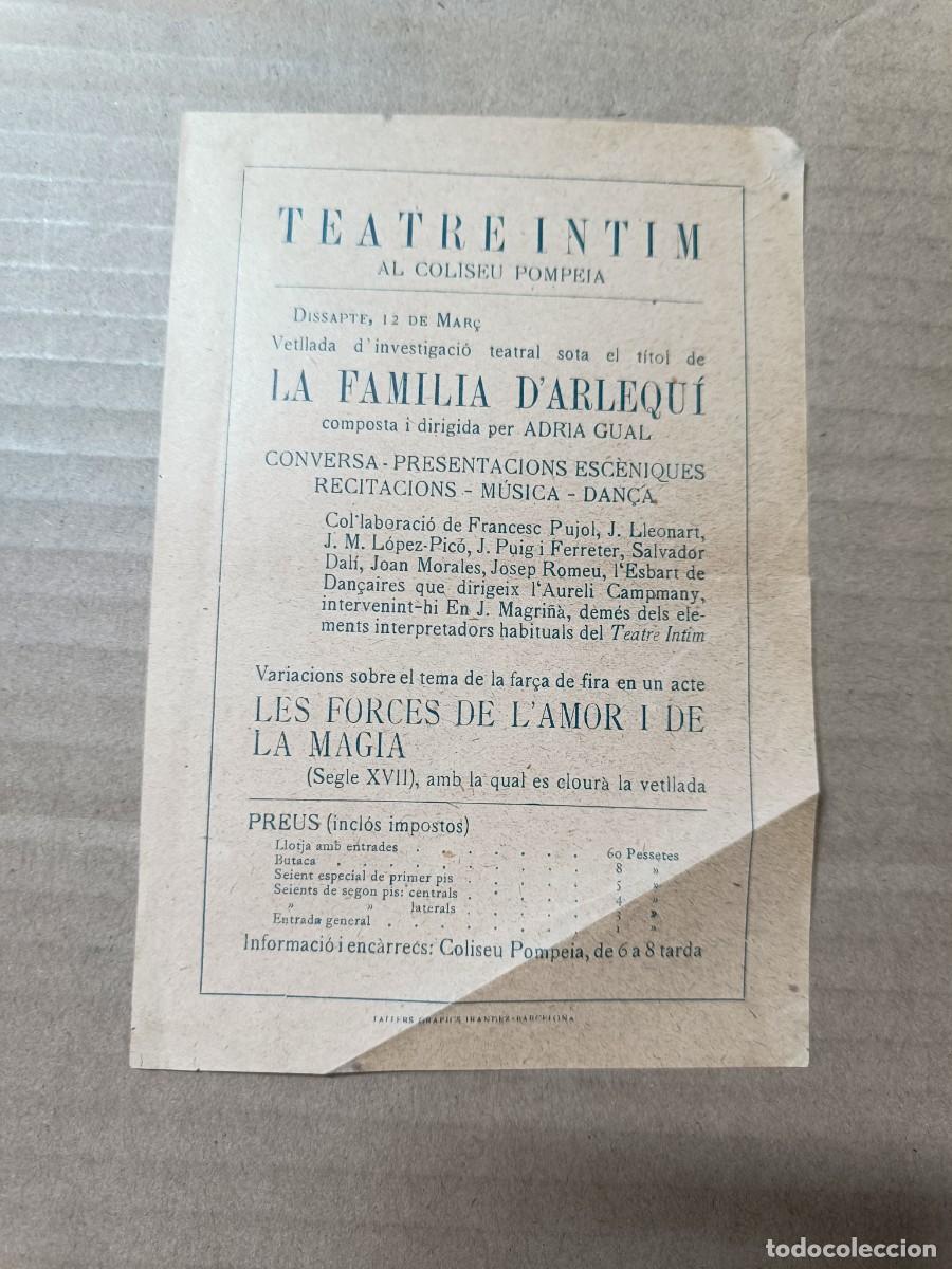 Coleccionismo: ANTIGUO FOLLETO, TEATRE INTIM, FAMILIA D'ARLEQU&Iacute;, ADRI&Agrave; GUAL. EN CATALAN, PPS S. XX, BARCELONA -P22