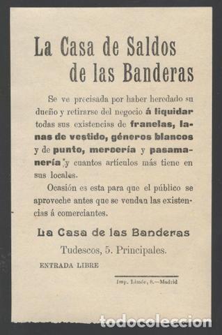 Collectionnisme: La Casa de Saldos las Banderas (Madrid). Anuncio liquidaci&oacute;n de existencias. Principios siglo XX