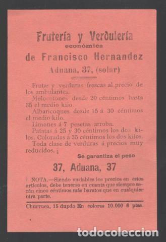Collectionnisme: Volante Publicitario Antiguo - Fruter&iacute;a Francisco Hern&aacute;ndez - Calle Aduana Madrid - Circa 1900
