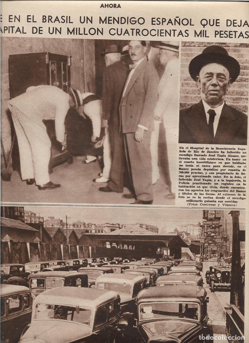 Coleccionismo: 1933 RECORTE PRENSA MUERTE EN BRASIL JOSE TAPIA ALONSO MENDIGO ESPA&Ntilde;OL FORTUNA MAS DE UN MILLON PTS