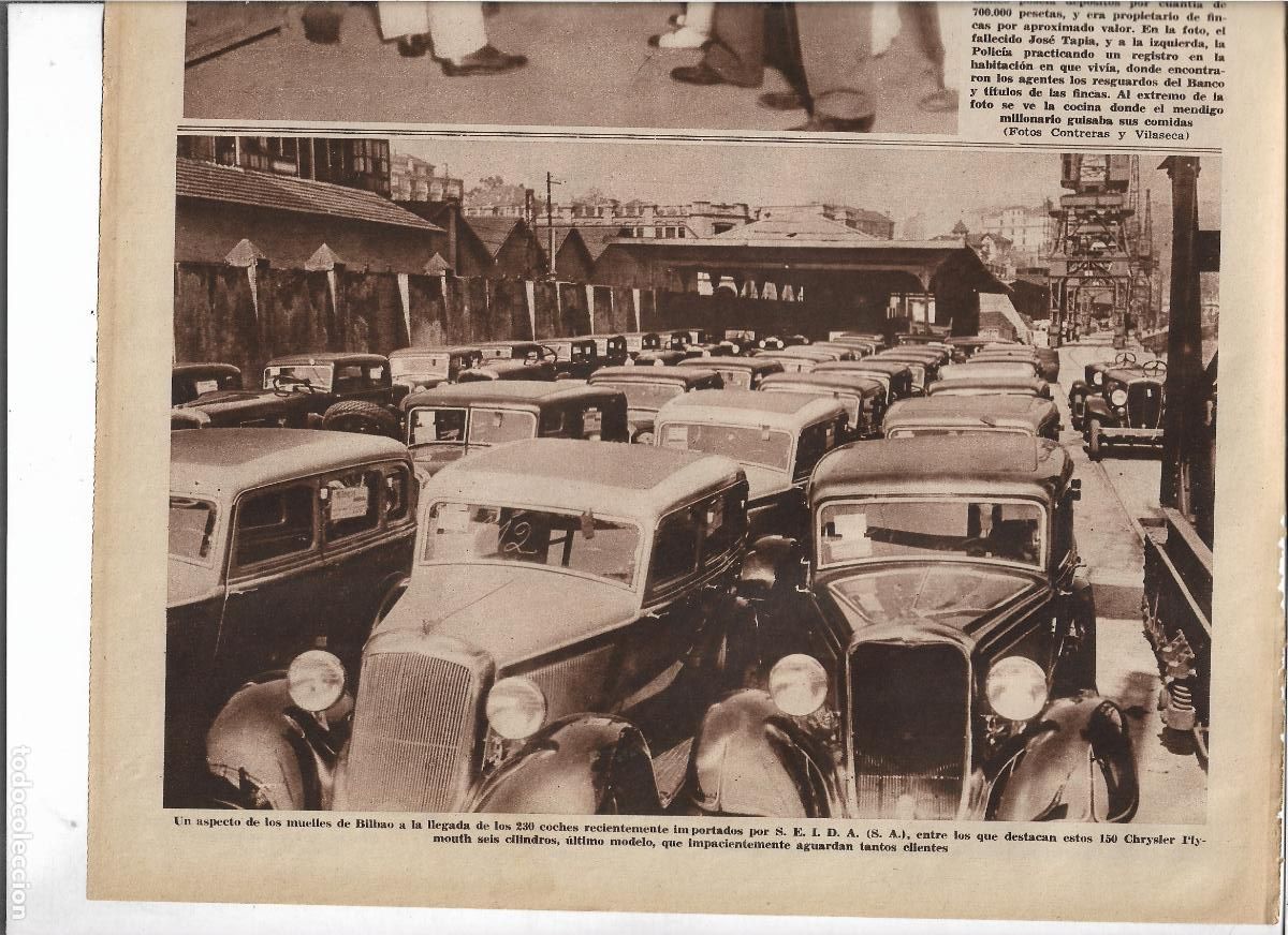 Coleccionismo: A&Ntilde;O 1933 RECORTE PRENSA PUERTO BILBAO LLEGADA COCHES AUTOMOVIL IMPORTADOS SEIDA CHRYSLER PLYMOIUTH