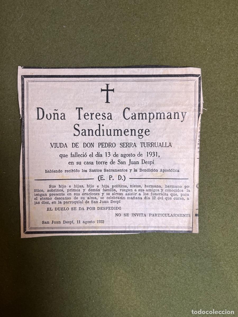 Coleccionismo: Esquela Teresa Campmany Sandiumenge viuda Pedro Serra Turrualla San Juan Desp&iacute; 1932 familia Serra Ca