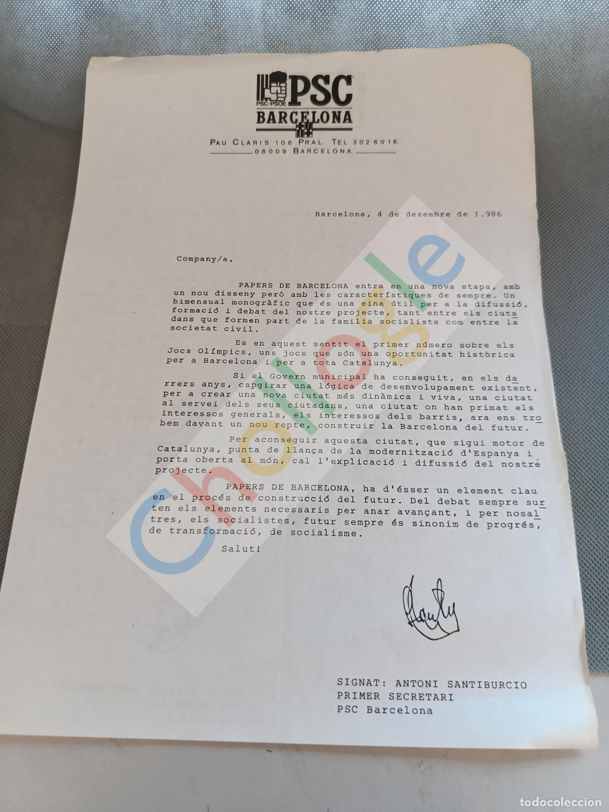 Coleccionismo: PSC PSOE carta Antini Antonio Santiburcio