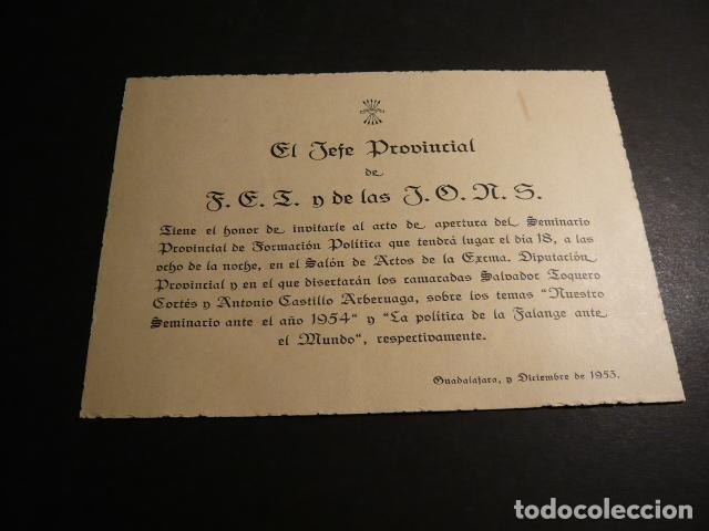 Collectionnisme: GUADALAJARA 1953 FALANGE ESPA&Ntilde;OLA INVITACION SEMINARIO FORMACION POLITICA