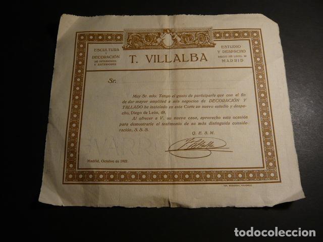 Collecting paper: MADRID 1922 ESCULTOR DECORADOR T. VILLALBA ANUNCIO NUEVO ESTUDIO Y DESPACHO