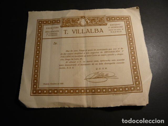 Collecting paper: MADRID 1922 ESCULTOR DECORADOR T. VILLALBA ANUNCIO NUEVO ESTUDIO Y DESPACHO