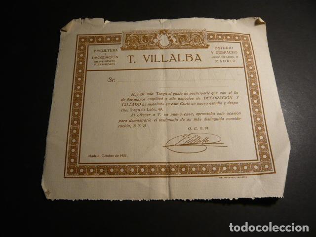 Collecting paper: MADRID 1922 ESCULTOR DECORADOR T. VILLALBA ANUNCIO NUEVO ESTUDIO Y DESPACHO