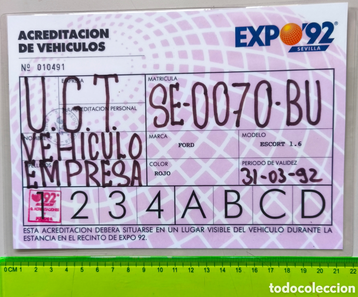 Coleccionismo: Coleccionismo EXPO'92: Acreditaci&oacute;n del veh&iacute;culo de la EXPO'92.