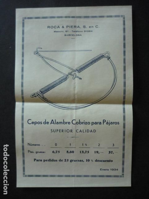 Sammelleidenschaft Papier: ROCA & PIERA BARCELONA CEPOS ALAMBRES COBRIZO PARA PAJAROS PUBLICIDAD 1934 21.5 X 14 CM