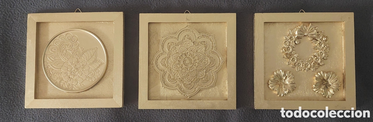 Collectionnisme: Conjunto de tres cuadros artesanales decorativos en resina dorada
