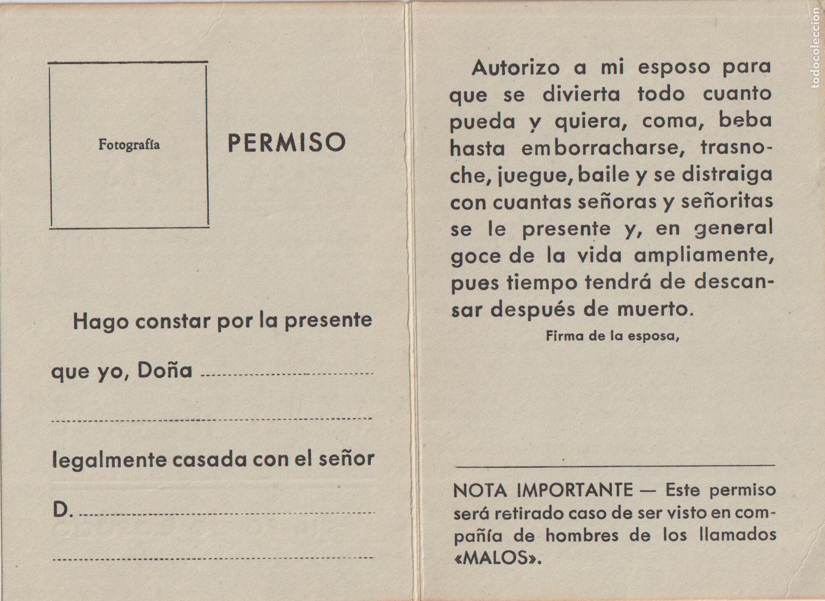 Sammelleidenschaft Papier: PERMISO DE CASADO &ndash; ESTE PERMISO SER&Aacute; RETIRADO EN CASO DE SER VISTO CON HOMBRES MALOS