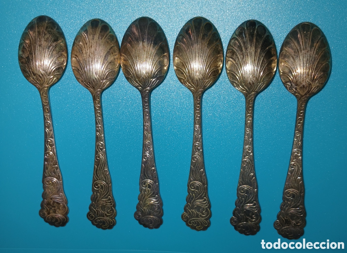 Coleccionismo: Juego 6 Cucharitas Caf&eacute; Art Nouveau Metal Plateado Ba&ntilde;o Oro Querub&iacute;n, principios siglo XX