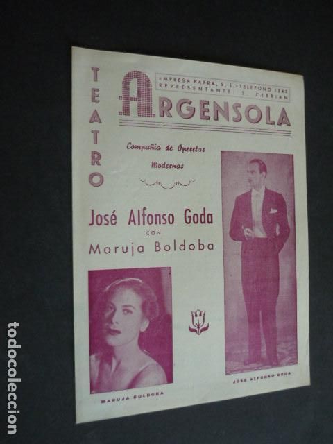 Coleccionismo: TEATRO ARGENSOLA ZARAGOZ OPERETAS MODERNAS CON JOSE ALFONSO GODA Y MURUJA BOLDOBA PROGRAMA 1946