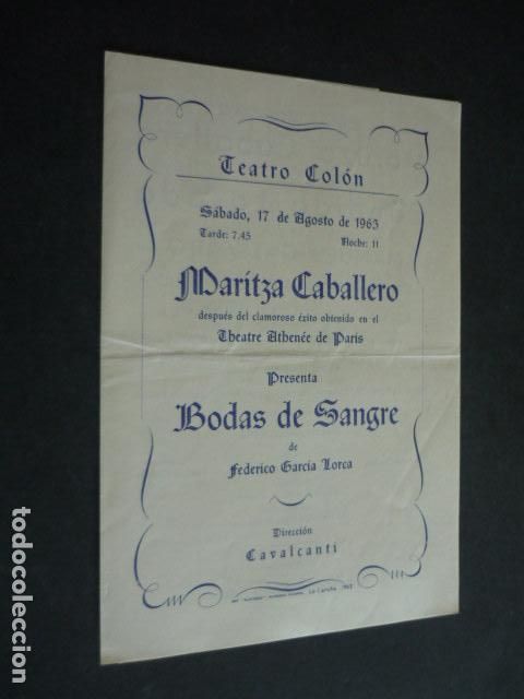 Coleccionismo: BODAS DE SANGRE FEDERICO GARCIA LORCA PROGRAMA TEATRO CIA MARITZA CABALLERO TEATRO COLON LA CORU&Ntilde;A