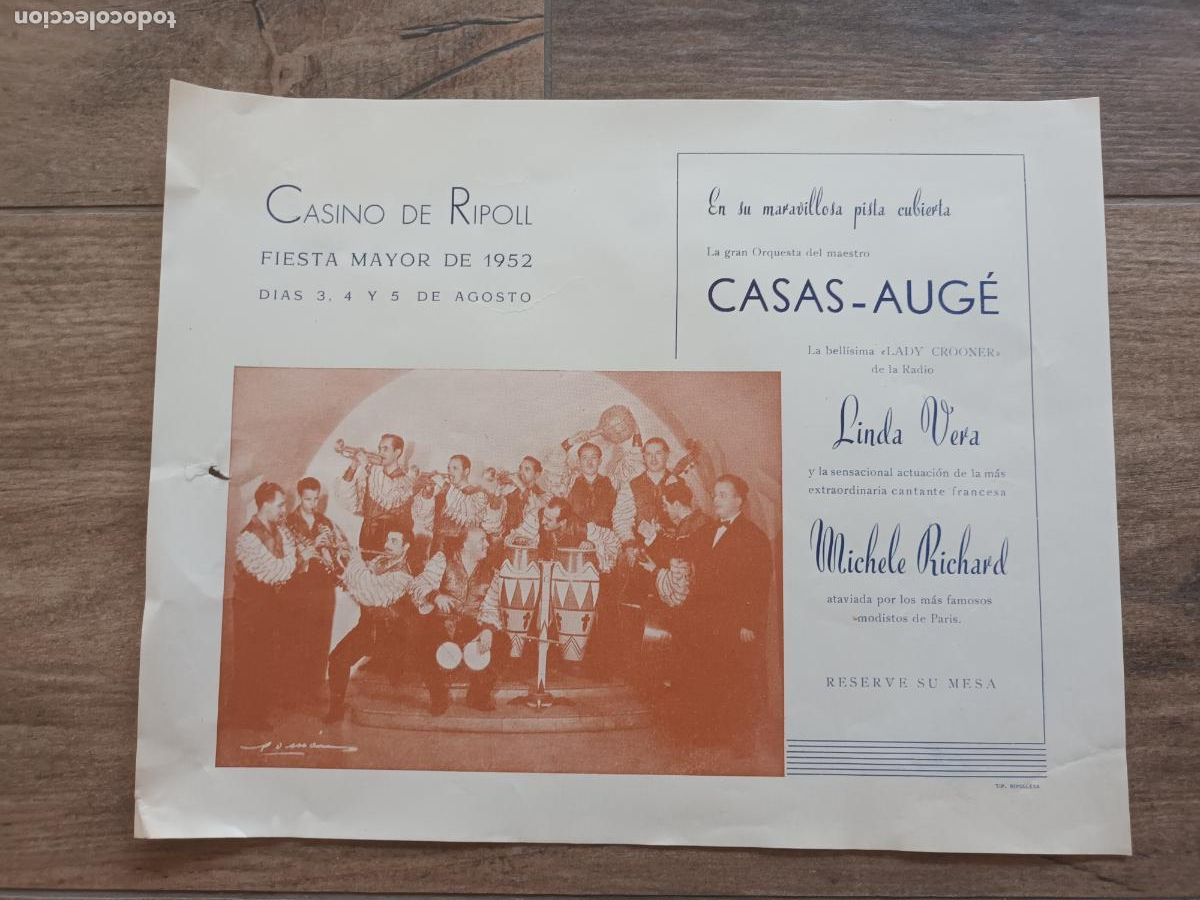 Coleccionismo: CASINO DE RIPOLL FIESTA MAYOR 1952. ORQUESTA CASAS AUGE, LINDA VERA.