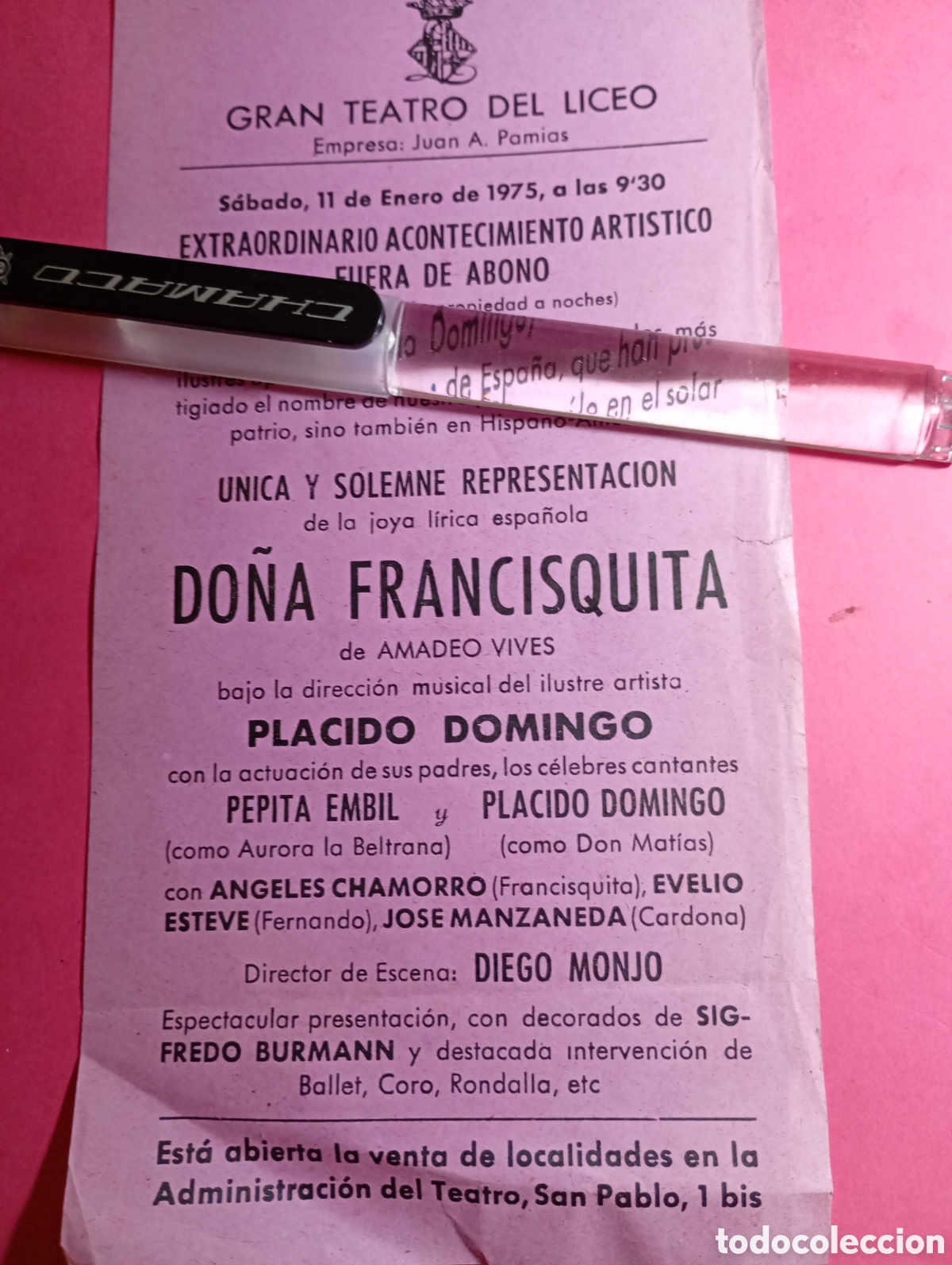 Sammelleidenschaft Papier: ANADEO VIVES BCN GRAN TEATRO DEL LICEO 1975 FOLLETO ''DO&Ntilde;A FRANCISQUITA'' CON PLACIDO DOMINGO
