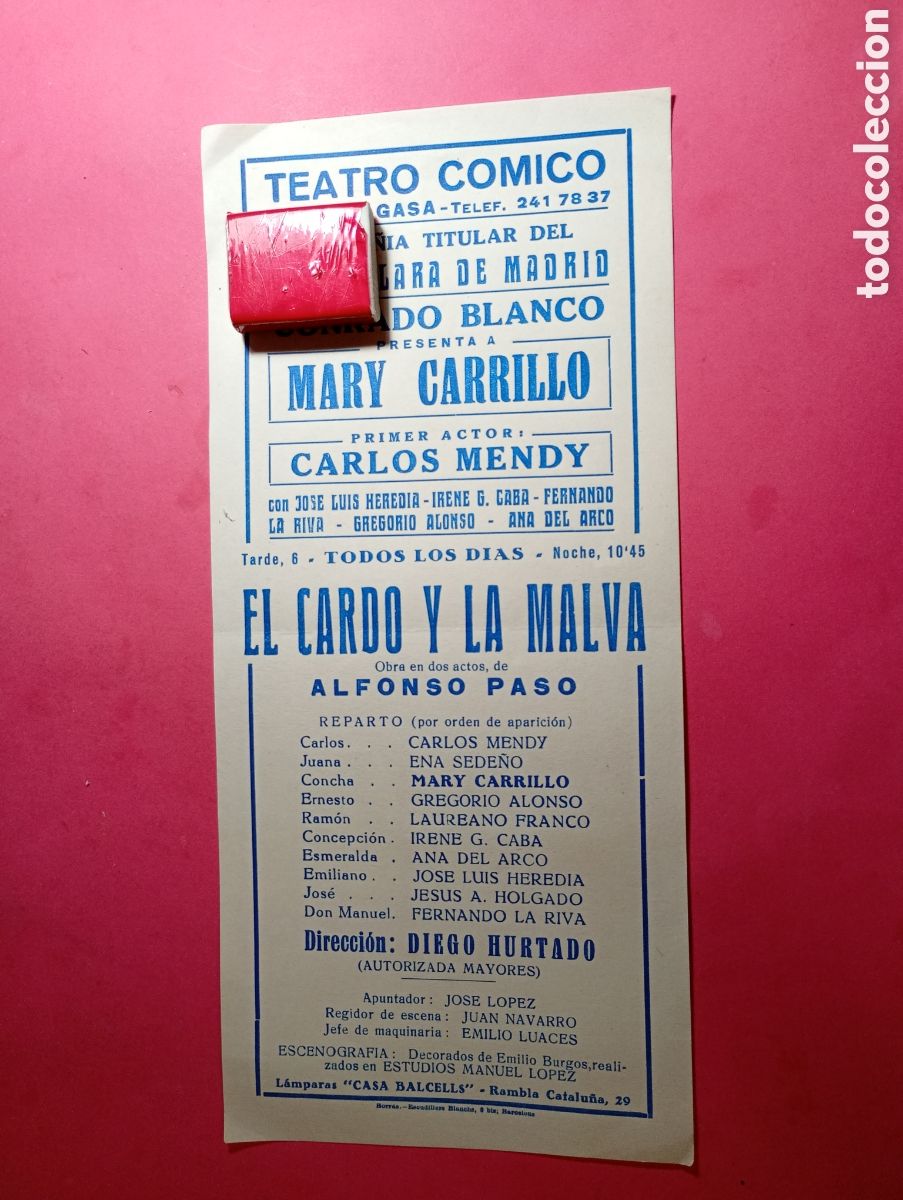 Sammelleidenschaft Papier: alfonso paso mary carrillo carlos mendy teatro c&oacute;mico bcn folleto ''el cardo y la malva''