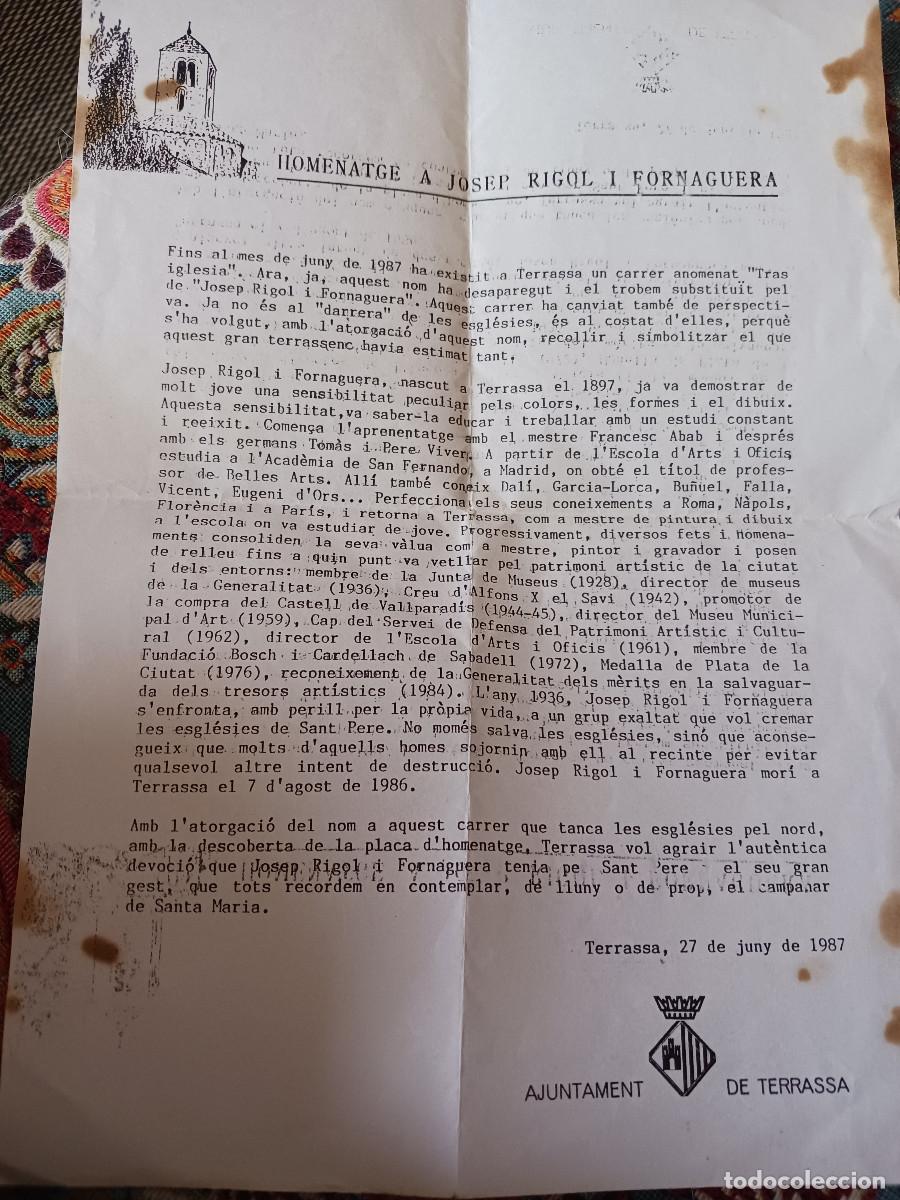 Coleccionismo: ajuntament de terrassa, homenatge a josep rigol i fornaguera, festes de sant pere 1987