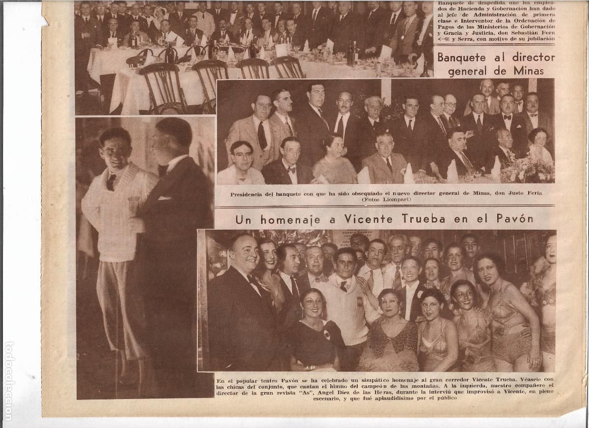Coleccionismo: A&Ntilde;O 1933 RECORTE PRENSA HOMENAJE AL CICLISTA VICENTE TRUEBA EN EL TEATRO PAVON
