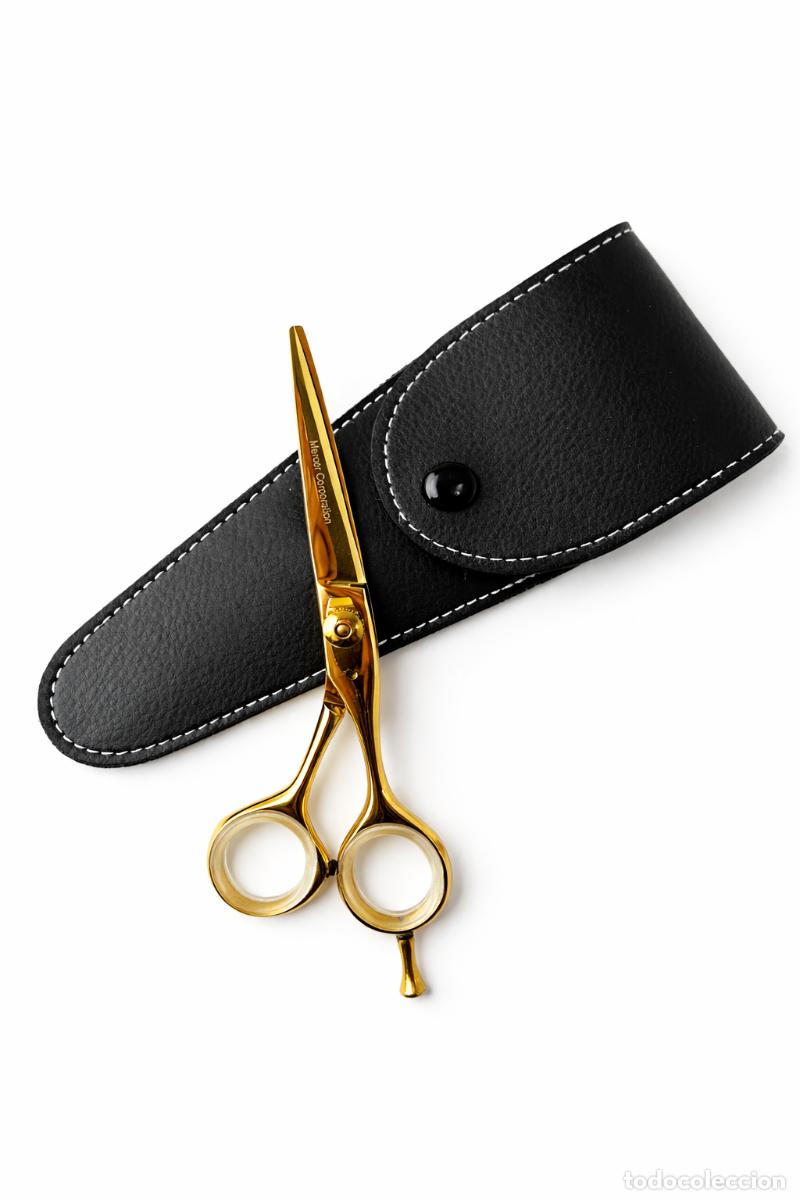 Coleccionismo: Tijeras Profesionales de Peluquer&iacute;a y Barber&iacute;a 15 cm Doradas con Funda de Cuero