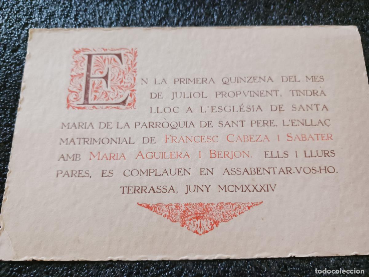 Coleccionismo: invitacio de boda a l`esglesia de santa maria de la parroquia de sant pere de terrassa 1934