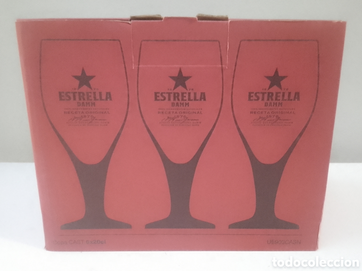 Coleccionismo: Caja con seis copas cerveza ESTRELLA DAMM 20 cl.