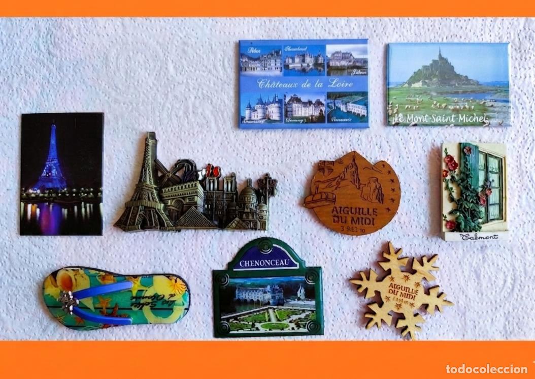 Colecionismo: Lote 9 Imanes Francia (Chamonix Mont-Blanc / Le Mont-Saint-Michel / Torre Eiffell / Loira...)