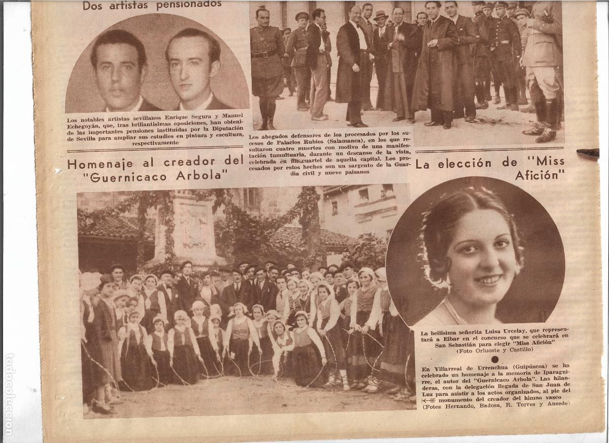 Coleccionismo: A&Ntilde;O 1933 RECORTE PRENSA VILLARREAL DE URRENCHUA GUIPUZCOA HOMENAJE IPARAGUIRRE GUERNICACO ARBOLA