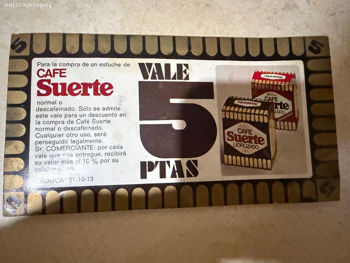 Coleccionismo: Vale 5 ptas con sobre caf&eacute; suerte liofilizado 1973