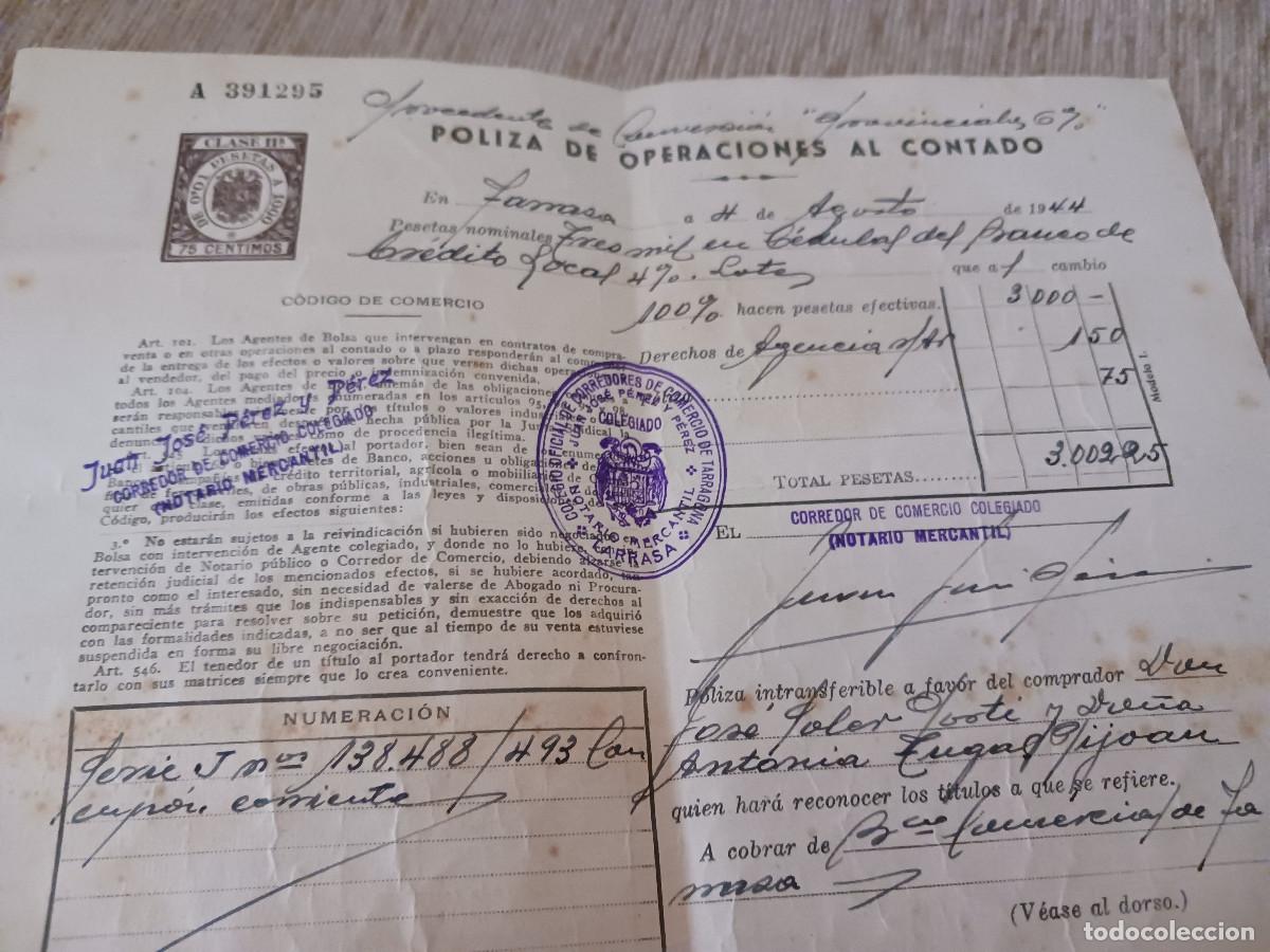 Coleccionismo: poliza de operaciones al contado, banco de credito local, 1944