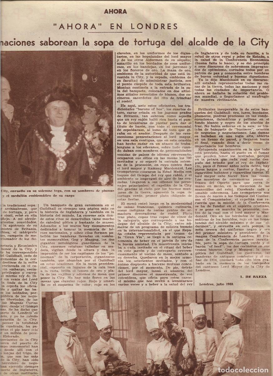 Coleccionismo: A&Ntilde;O 1933 RECORTE PRENSA LONDRES CONFERENCIA MONETARIA REPARTO SOPA DE TORTUGA COCINEROS GUILDHALL