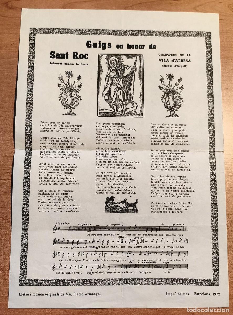 Coleccionismo: Ejemplar Goigs en honor de Sant Roc - copatr&oacute;n de la Vila d'Albesa (Lleida) - Ed Barcelona 1972