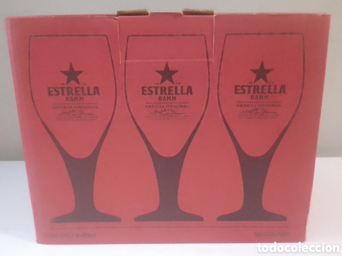 Coleccionismo: Caja con seis copas cerveza ESTRELLA DAMM 20 cl.