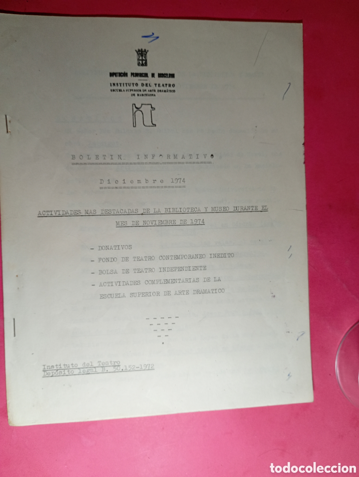 Coleccionismo: instituto del teatro, escuela superio arte dram&aacute;tico actividades destacadas museo y biblioteca 1974