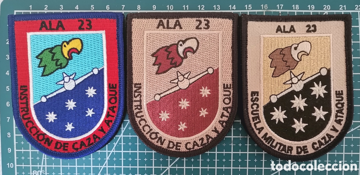 Coleccionismo: Lote 3 Parches bordados ALA 23 INSTRUCCION DE CAZA Y ATAQUE Base A&eacute;rea Talavera la Real (Badajoz).