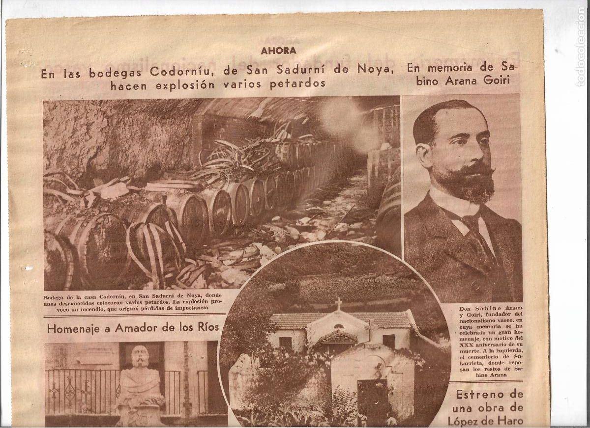 Coleccionismo: A&Ntilde;O 1933 RECORTE PRENSA EXPLOSION PETARDOS BOMBAS EN LA BODEGA CODORNIU SANT SADURNI PERDIDAS