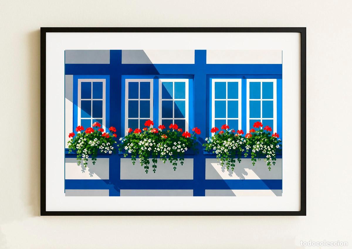 Coleccionismo: LAMINA DECORATIVA &rdquo;VENTANAS AZULES CON FLORES&rdquo;