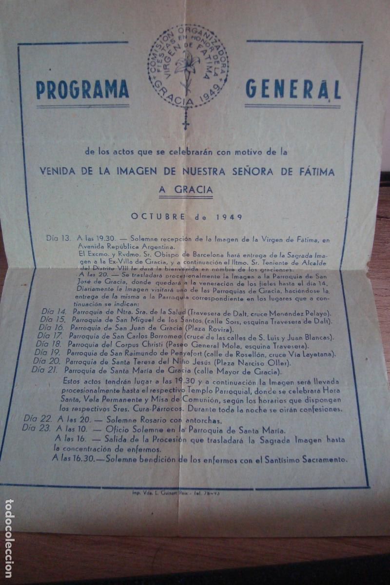 Coleccionismo: PROGRAMA GENERAL VENIDA IMAGEN NTRA SE&Ntilde;ORA DE FATIMA A GRACIA BARCELONA 1949.