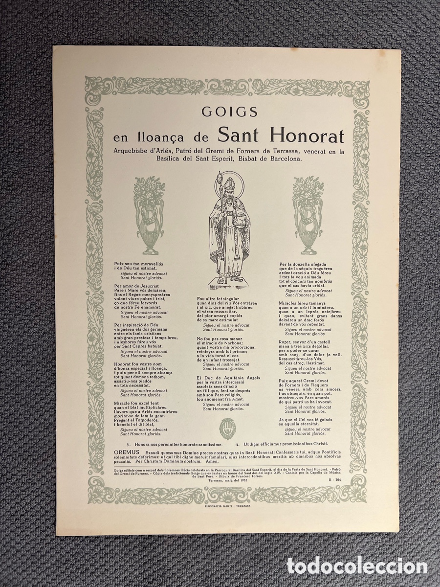 Coleccionismo: GOIGS en lloan&ccedil;a de Sant Honorat. Arquebisbe d'Arl&eacute;s Patr&oacute; del Gremi de Forners de Terrassa (a.1962)