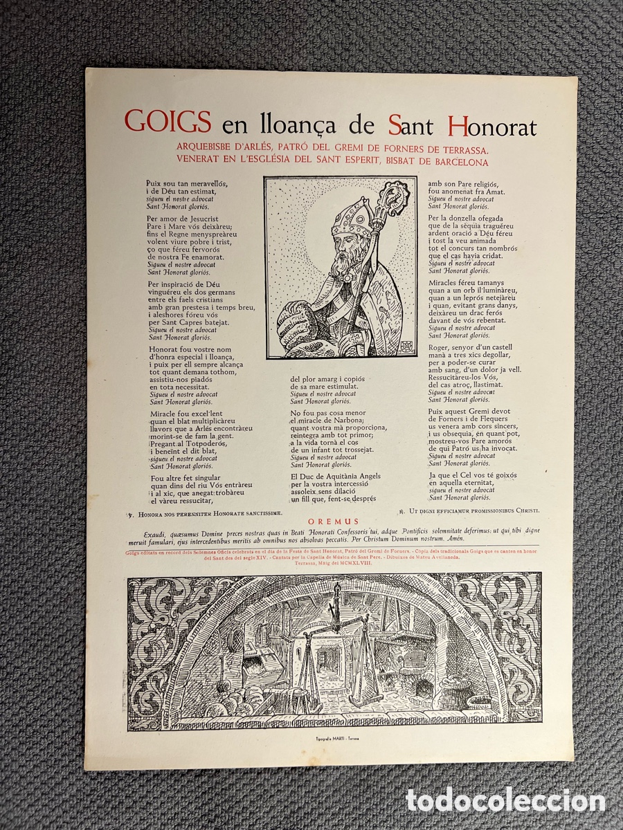 Coleccionismo: GOIGS en lloan&ccedil;a de Sant Honorat. Arquebisbe d'Arl&eacute;s Patr&oacute; del Gremi de Forners de Terrassa (a.1948)