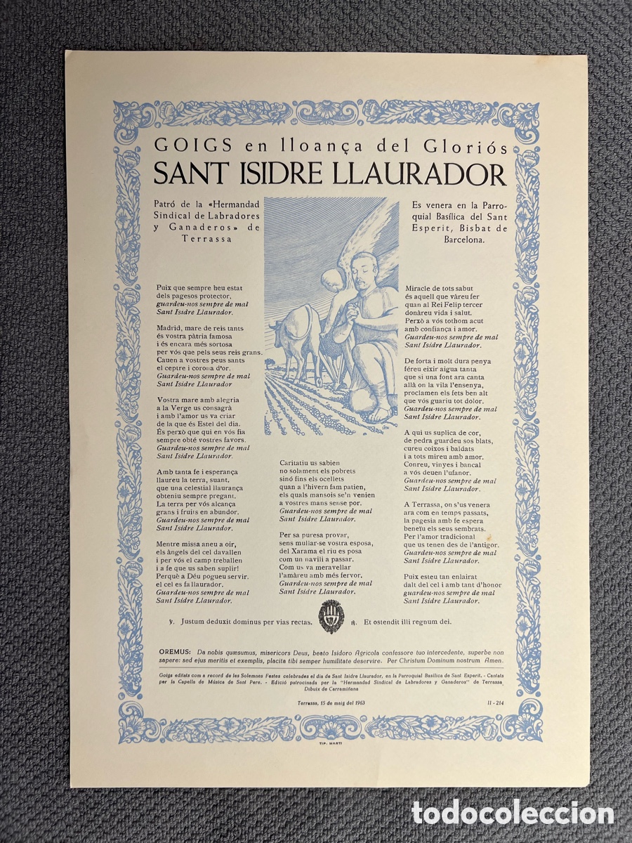 Coleccionismo: GOIGS EN LLOAN&Ccedil;A DE SANT ISIDRE LLAURADOR. ES VENERA EN LA PARROQUIAL BAS&Iacute;LICA DEL SANT ESPERIT