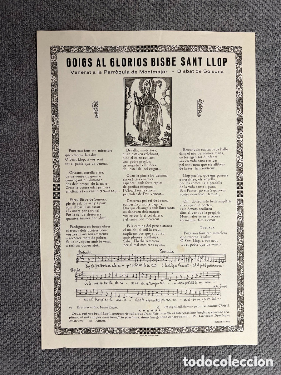 Coleccionismo: GOIGS AL GLORIOS BISBE SANT LLOP. Venerat a la Parr&ograve;quia de Montmajor - Bisbat de Solsona (a.1951)