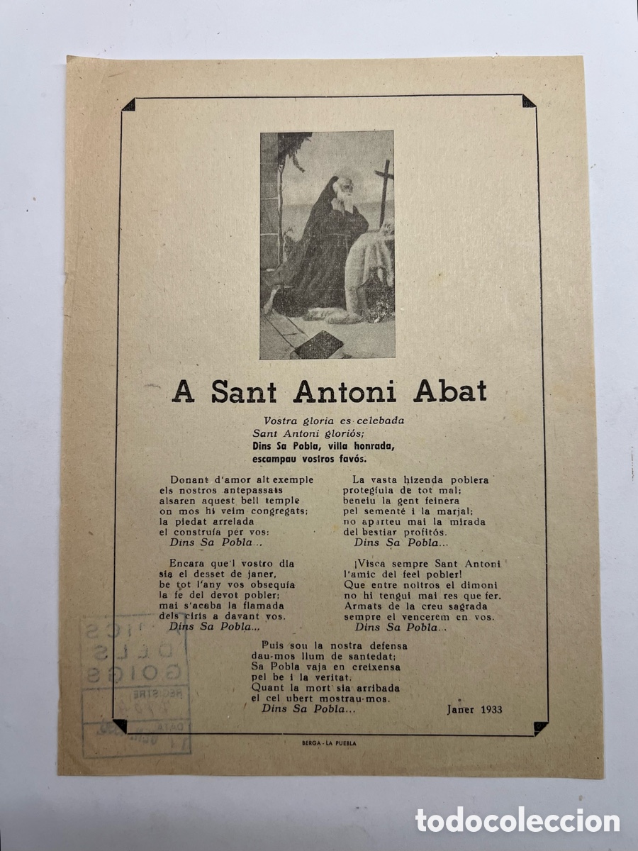 Coleccionismo: SANT ANTONI ABAT. Vostra gloria es celebada Sant Antoni glori&oacute;s&hellip;