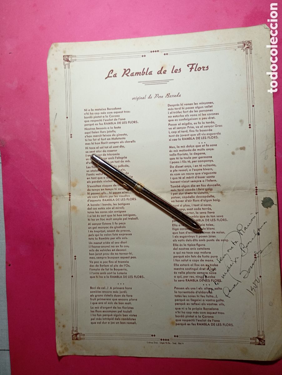 Coleccionismo: barcelona poema impreso y firmado pu&ntilde;o y letra pere baseda ''la rambla de les flors''