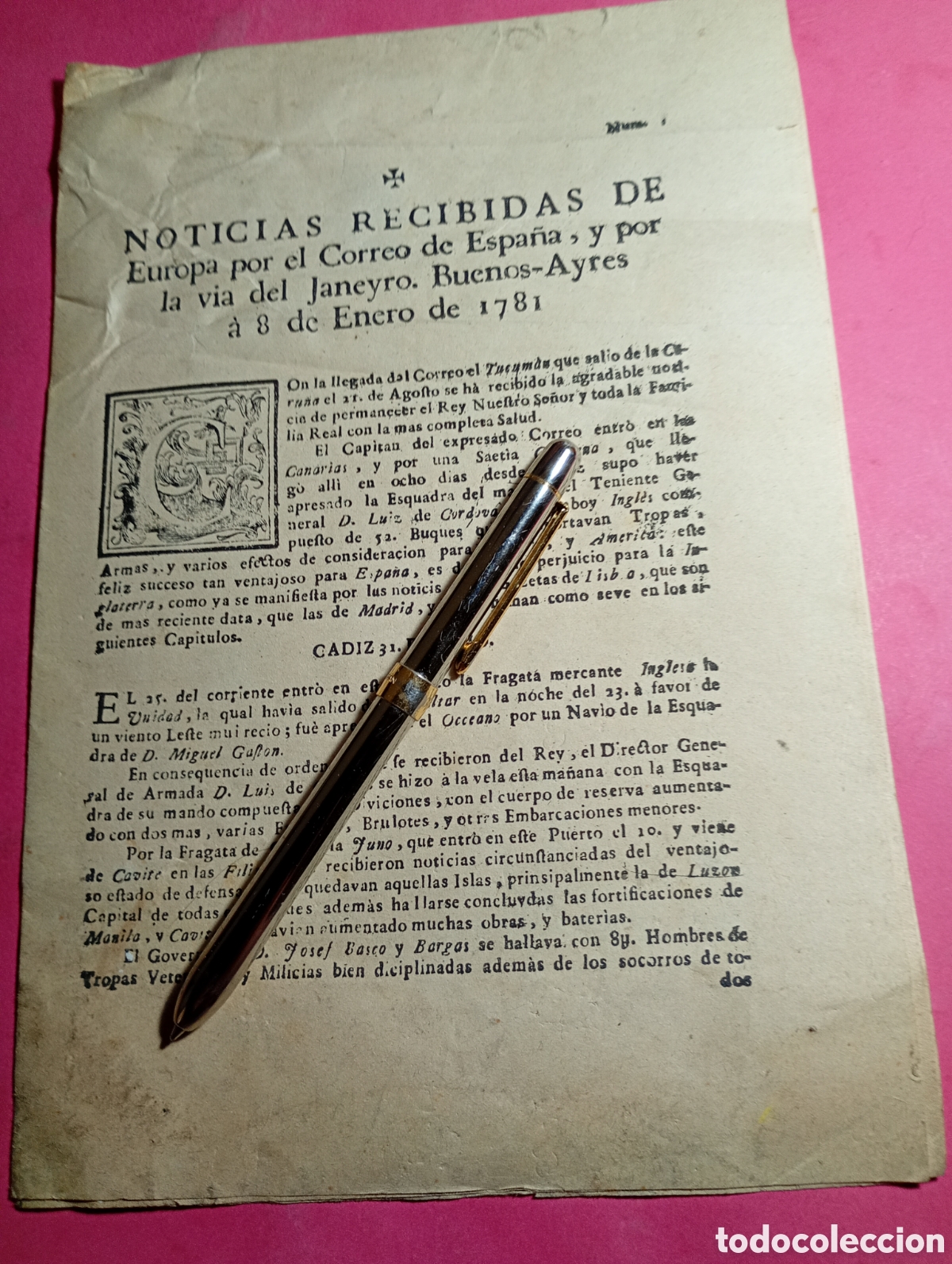 Coleccionismo: PLIEGO NOTICIAS RECIBIDAS 8/1 - 1781 DE EUROPA, DEL JANEYRO, BUENOS AYRES, C&Aacute;DIZ 31/7