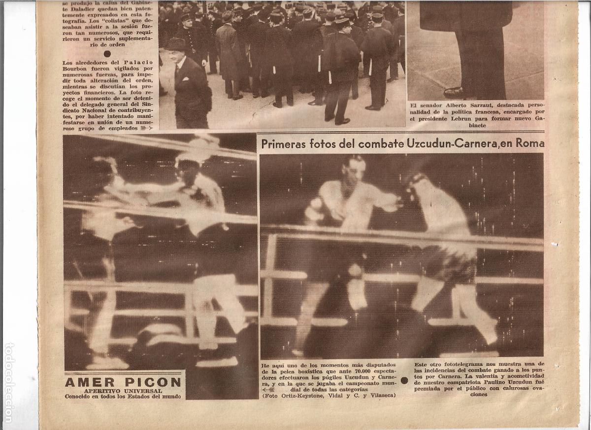 Coleccionismo: A&Ntilde;O 1933 RECORTE PRENSA PRIMERAS FOTOS COMBATE BOXEO UZCUDUN CARNERA EN ROMA