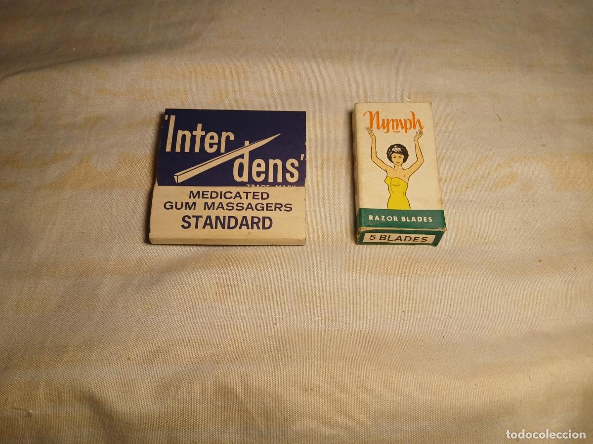 Coleccionismo: Antiguo palillo dientes inter dens y caja con 3 hojas de afeitar nymph 6 &euro; cada art&iacute;culo a&ntilde;os 60.