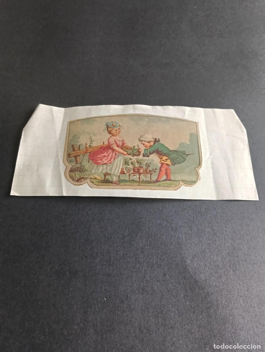 Coleccionismo: Etiqueta litogr&aacute;fica antigua / Vi&ntilde;eta comercial de puro - Escena galante rom&aacute;ntica (ca. 1900)