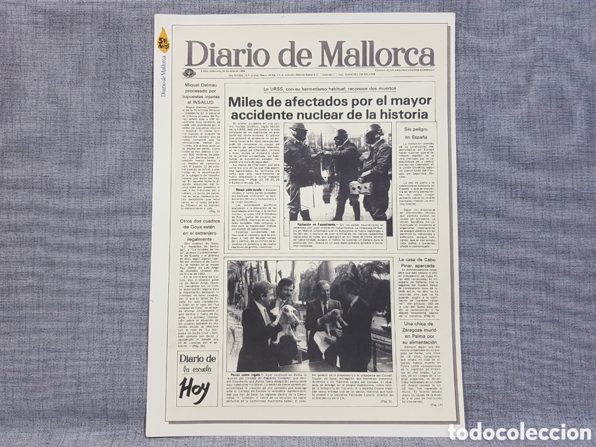 Coleccionismo: R&Eacute;PLICA CONMEMORATIVA PORTADA DIARIO DE MALLORCA 30 ABRIL 1986 CHERNOBIL