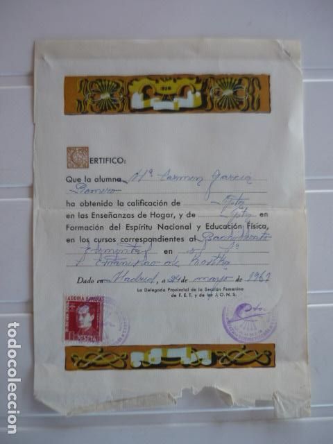 Coleccionismo: SECCI&Oacute;N FEMENINA 1961 TITULO CERTIFICADO ENSE&Ntilde;ANZAS HOGAR FORMACI&Oacute;N ESP&Iacute;RITU NACIONAL EDUCACI&Oacute;N FISI